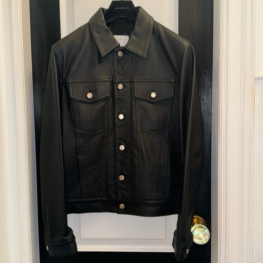 Sandro Men’s Black Leather Trucker Jacket Medium